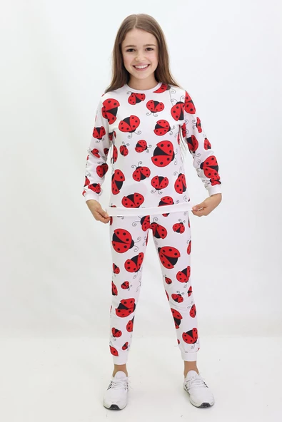 Kız Çocuk Uğur Böceği Desenli Pijama Takımı