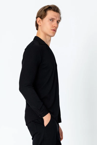 Erkek Regular Fit Rahat Giyim Apaş Yaka Yırtmaçlı Gömlek - 5