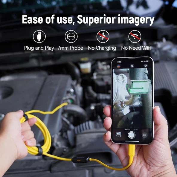 DEPSTECH Işıklı Endoskop Kamerası - 5m Kablo 7mm İnce Prob - Sarı - 4