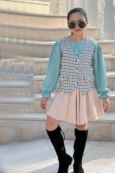 Kız Çocuk Çizgili Cepken ve Gömlek Yaka Yeşil Bluz Etekli Takım - Resim 2