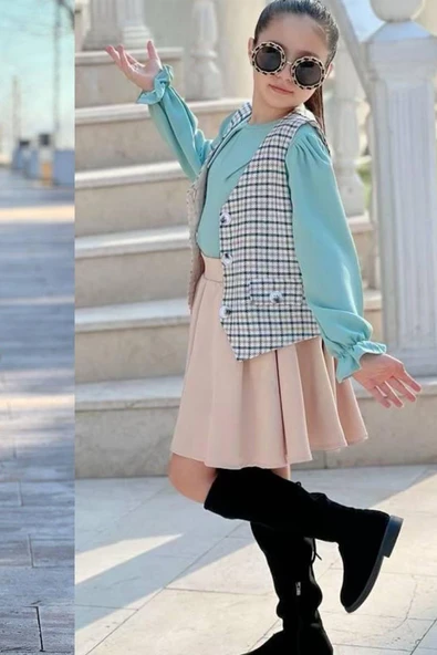 Kız Çocuk Çizgili Cepken ve Gömlek Yaka Yeşil Bluz Etekli Takım - Resim 4