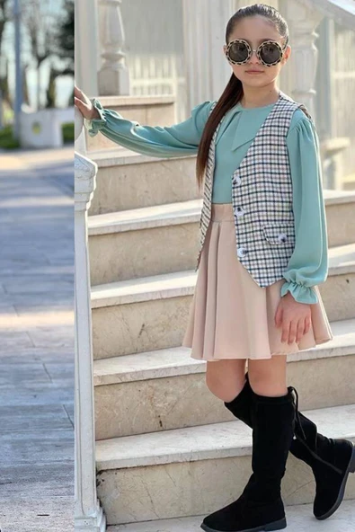 Kız Çocuk Çizgili Cepken ve Gömlek Yaka Yeşil Bluz Etekli Takım - Resim 3