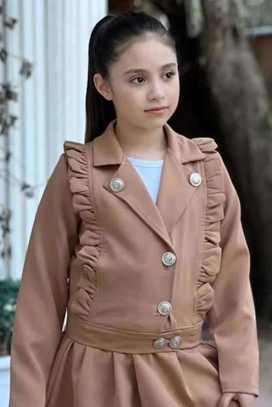 Kız Çocuk Gümüş Düğme ve Fırfır Detaylı Kahverengi Ceket Etekli Takım - Resim 4