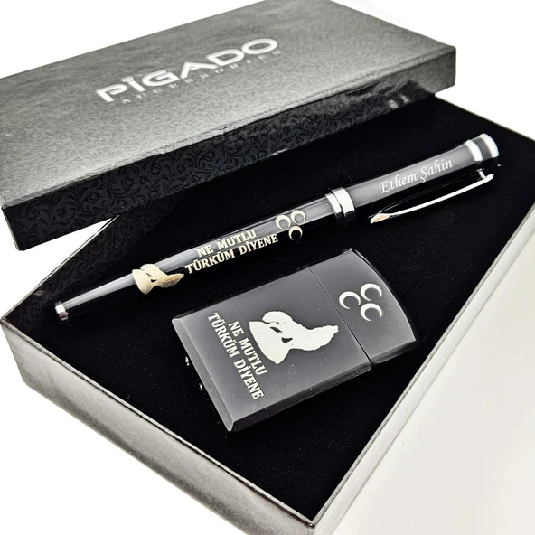 İsme Kişiye Özel Üç Hilal ve Bozkurt İşlemeli Çakmak Kalem Seti - Resim 3