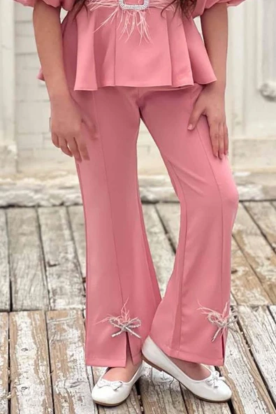 Kız Çocuk Fermuar ve Kemer Detaylı Kruvaze Yaka Pembe Alt Üst Takım - Resim 8