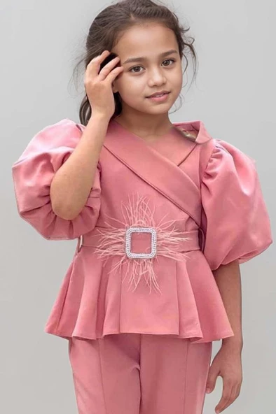 Kız Çocuk Fermuar ve Kemer Detaylı Kruvaze Yaka Pembe Alt Üst Takım - Resim 2