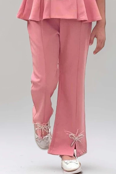 Kız Çocuk Fermuar ve Kemer Detaylı Kruvaze Yaka Pembe Alt Üst Takım - Resim 3