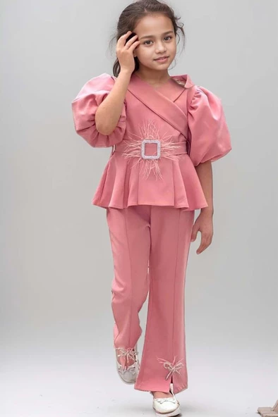 Kız Çocuk Fermuar ve Kemer Detaylı Kruvaze Yaka Pembe Alt Üst Takım ürün görseli