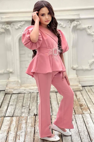 Kız Çocuk Fermuar ve Kemer Detaylı Kruvaze Yaka Pembe Alt Üst Takım - Resim 5