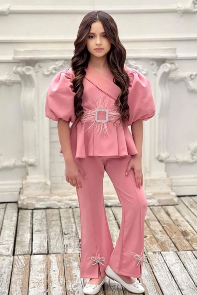 Kız Çocuk Fermuar ve Kemer Detaylı Kruvaze Yaka Pembe Alt Üst Takım - Resim 7