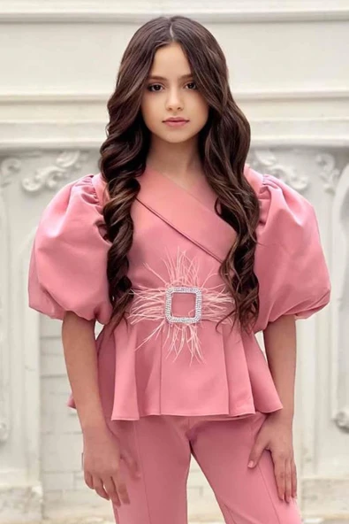 Kız Çocuk Fermuar ve Kemer Detaylı Kruvaze Yaka Pembe Alt Üst Takım - Resim 9