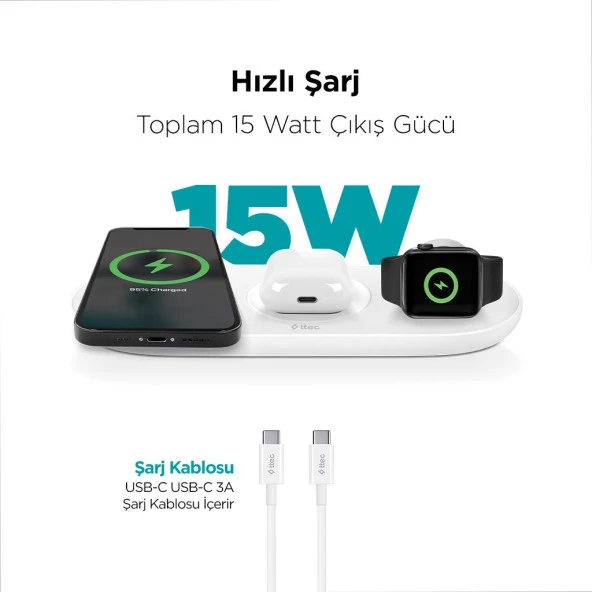 Ttec Masaüstü Şarj İstasyonu 3in1 15W Telefon Apple Watch Kulaklık Şarj Standı İphone 11 12 13 14 15 Pro Max Şarj - Resim 2