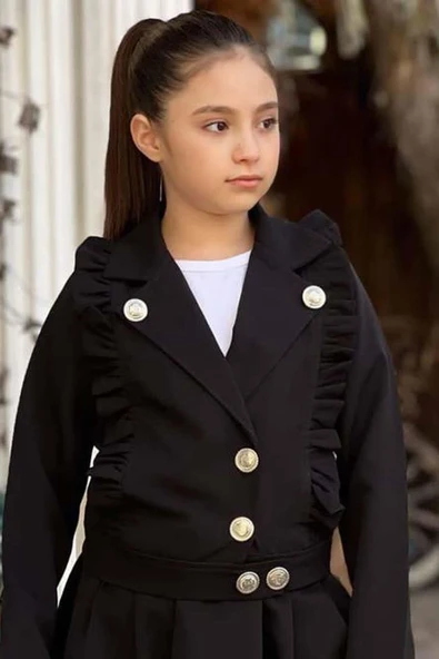 Kız Çocuk Gümüş Düğme ve Fırfır Detaylı Siyah Ceket Etekli Takım - Resim 4