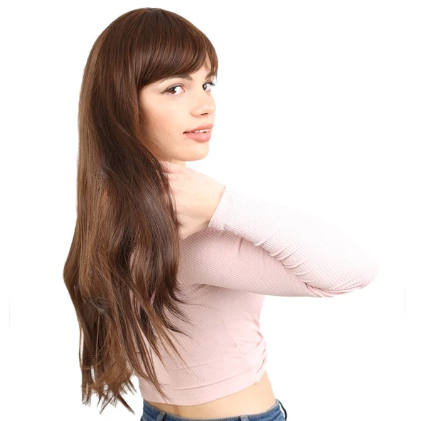 Fiber Sentetik Uzun Düz Kahküllü Peruk - Kahve  Karamel - Resim 2