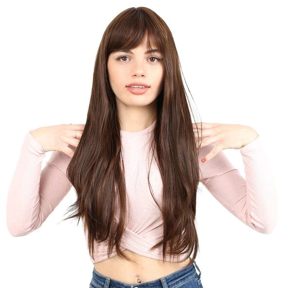 Fiber Sentetik Uzun Düz Kahküllü Peruk - Kahve  Karamel ürün görseli