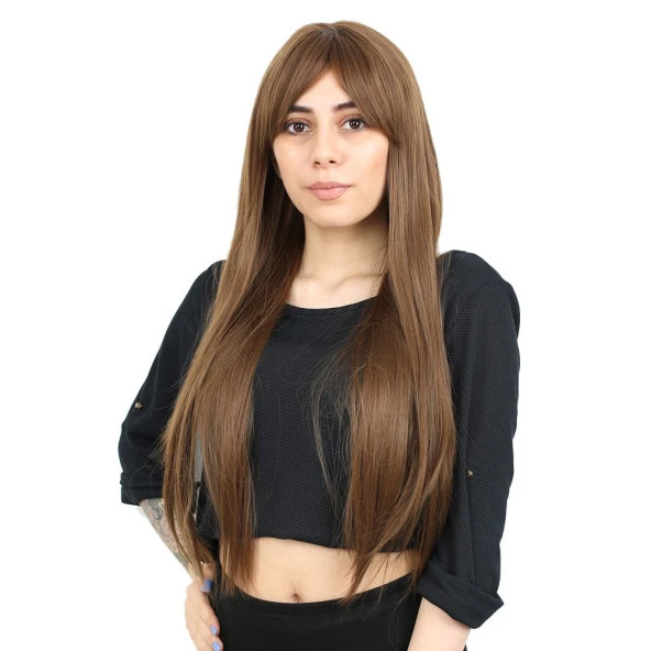 Fiber Sentetik Uzun Düz Kahküllü Peruk - Kumral ürün görseli