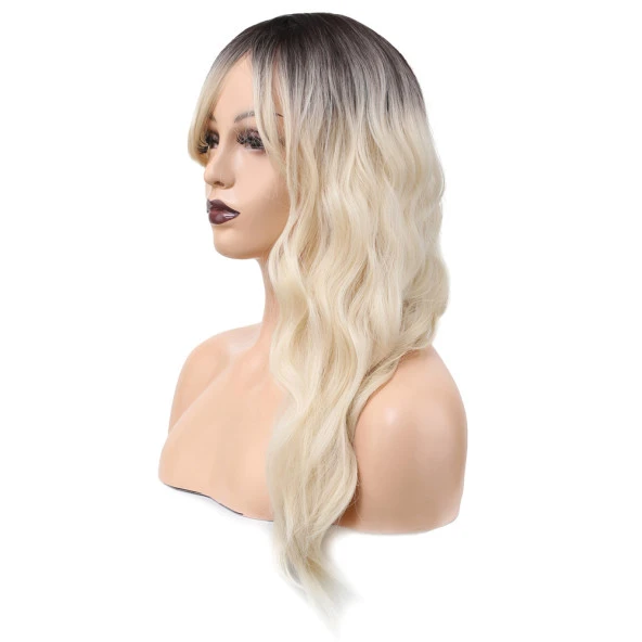 Dalgalı Perçemli Fiber Sentetik Orta Boy Peruk - Kahve / Beyaz Platin Röfleli - Resim 2