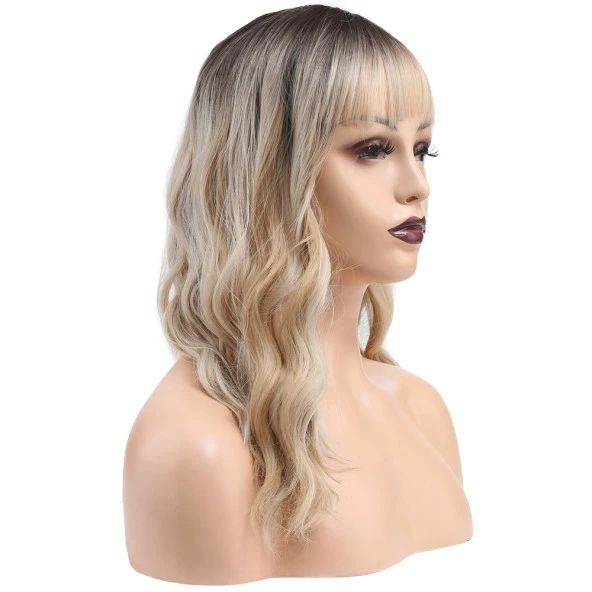 Dalgalı Kısa Perçemli Fiber Sentetik Peruk - Kahve / Platin Ombre ve Röfleli - Resim 3