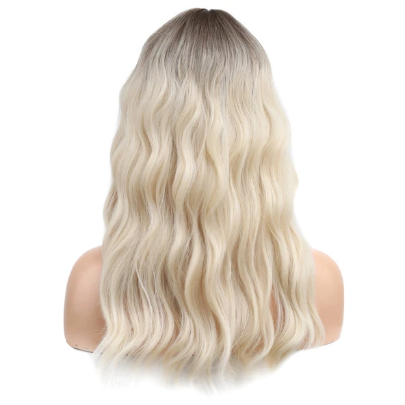 Dalgalı Perçemli Fiber Sentetik Orta Boy Peruk - Kahverengi / Beyaz Platin Ombreli - Resim 4