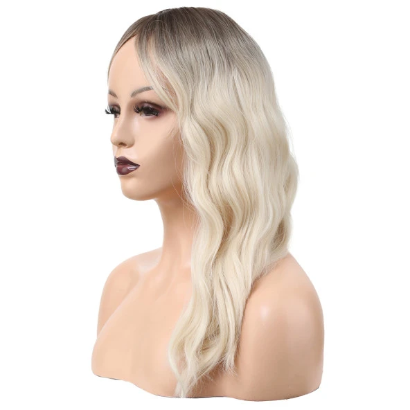 Dalgalı Perçemli Fiber Sentetik Orta Boy Peruk - Kahverengi / Beyaz Platin Ombreli - Resim 3