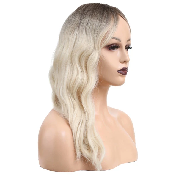 Dalgalı Perçemli Fiber Sentetik Orta Boy Peruk - Kahverengi / Beyaz Platin Ombreli - Resim 2