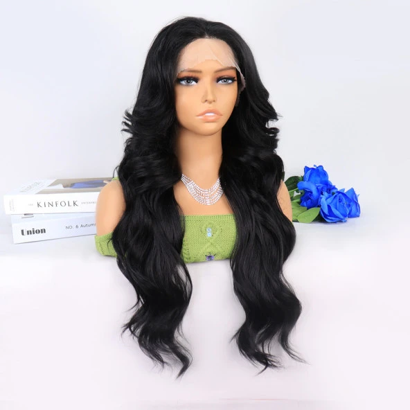 Siyah Dalgalı Uzun Boy Tül Peruk - Resim 3