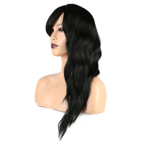 Dalgalı Perçemli Fiber Sentetik Orta Boy Peruk - Siyah - Resim 3