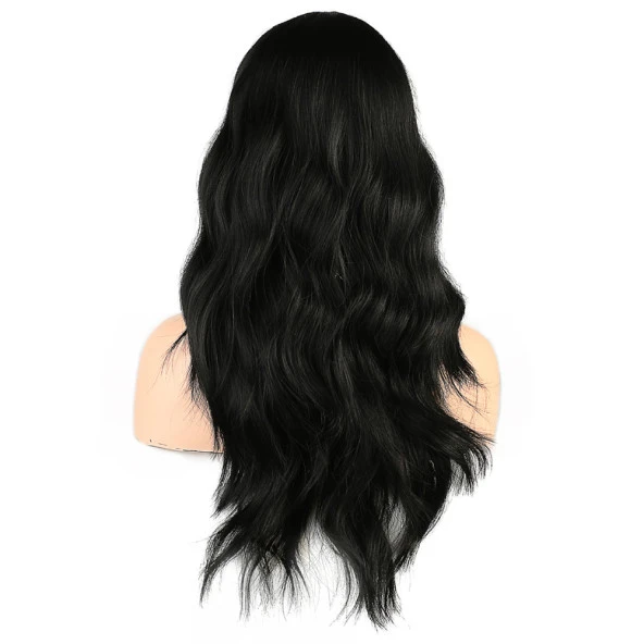 Dalgalı Perçemli Fiber Sentetik Orta Boy Peruk - Siyah - Resim 4