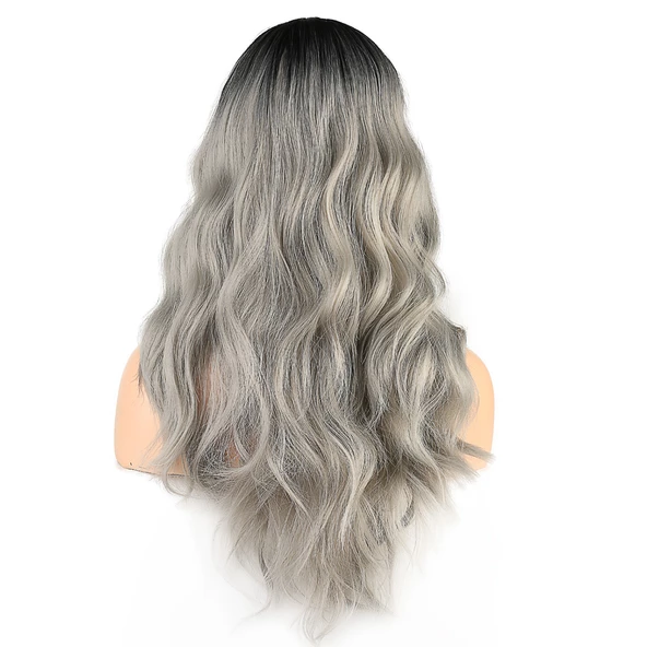 Dalgalı Perçemli Fiber Sentetik Orta Boy Peruk - Siyah Gri Ombreli - Resim 4