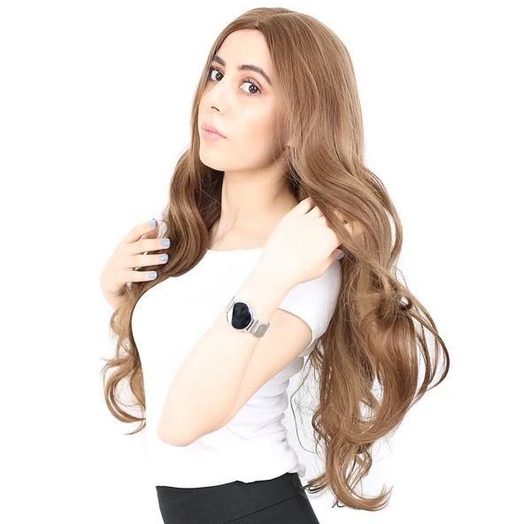 Yoğun Dalgalı Fiber Sentetik Uzun Perçemsiz Peruk - Kumral - Resim 3