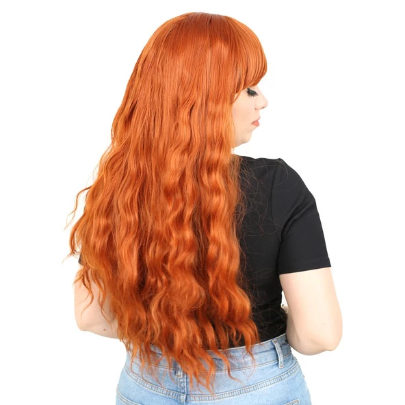 Perçemli Uzun Su Dalgası Fiber Sentetik Peruk- Bakır - Resim 2