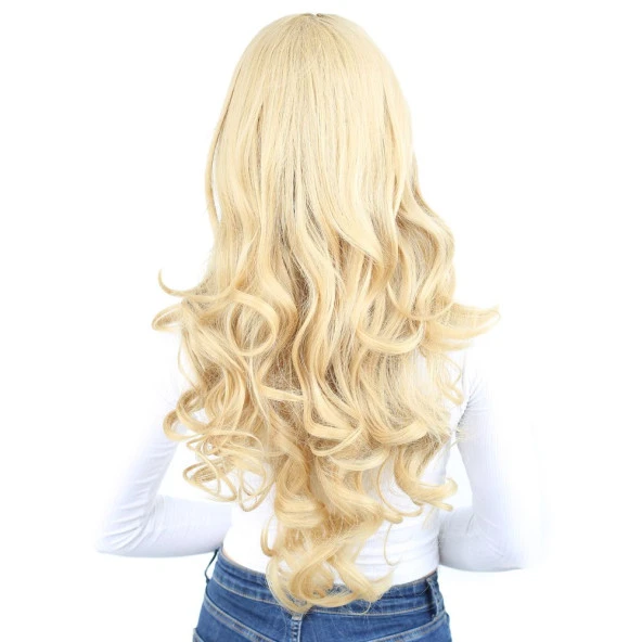 Yoğun Dalgalı Fiber Sentetik Uzun Perçemsiz Peruk - Sarı - Resim 4