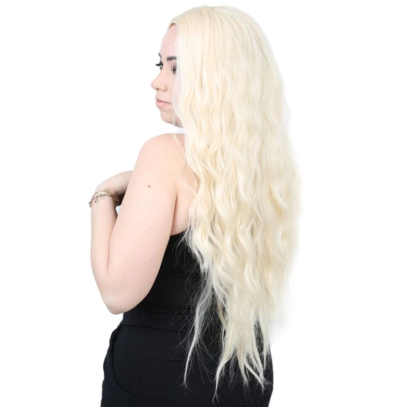 Su Dalgası Uzun Perçemsiz Fiber Sentetik Peruk - Platin - 3