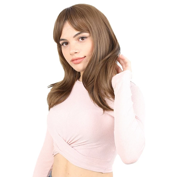 Düz Perçemli Orta Boy Fiber Sentetik Peruk - Kumral - Resim 3