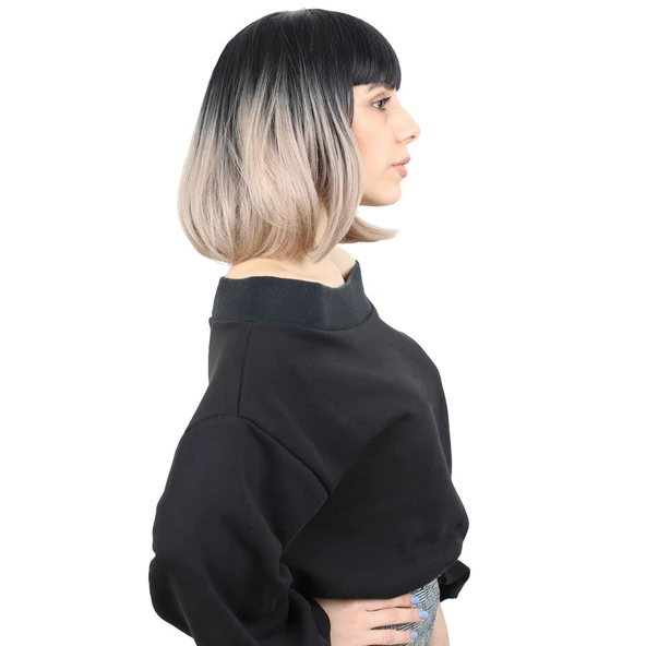 Kısa Küt Perçemli Fiber Sentetik Peruk - Siyah / Küllü Bebek Sarı Ombreli - 2