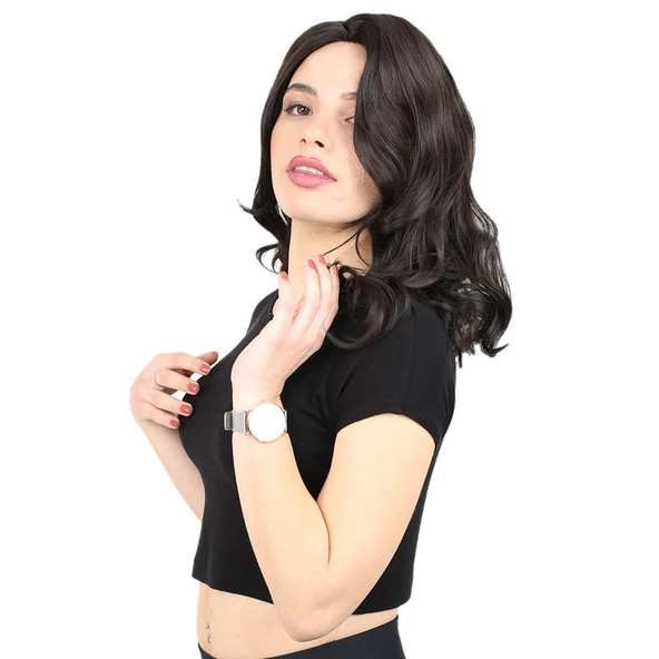 Kahkülsüz Fiber Sentetik Orta Boy Dalgalı Peruk - Kahverengi - Resim 3