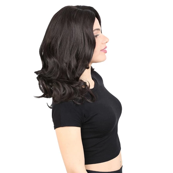 Kahkülsüz Fiber Sentetik Orta Boy Dalgalı Peruk - Kahverengi - Resim 4