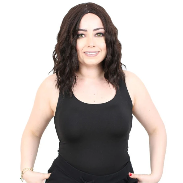 Fiber Sentetik Kısa Dalgalı Perçemsiz Peruk - Koyu Kahve ürün görseli