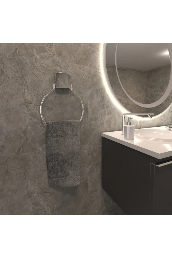 Decorev DC-4779 Dekoratif Yapıştırmalı Banyo Mutfak Metal Yuvarlak Havluluk Askı Krom Pratik Vidasız