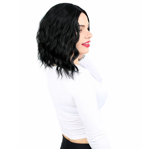 Fiber Sentetik Kısa Dalgalı Perçemsiz Peruk - Siyah - Resim 2