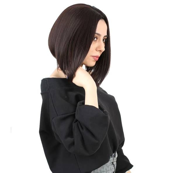 Kahkülsüz Düz Kısa Fiber Sentetik Peruk - Koyu Kahve - Resim 2