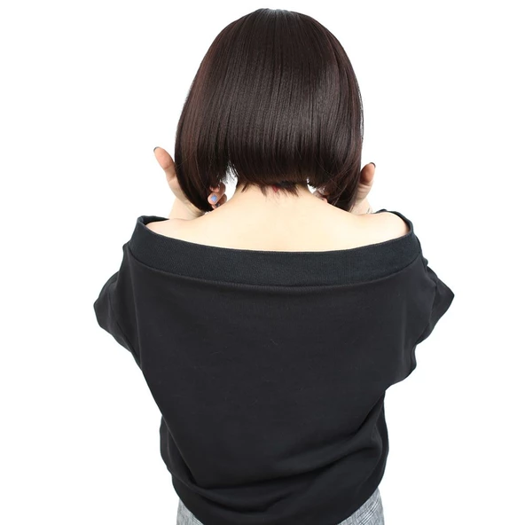 Kahkülsüz Düz Kısa Fiber Sentetik Peruk - Koyu Kahve - Resim 4