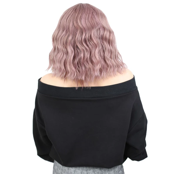 Fiber Sentetik Kısa Dalgalı Perçemsiz Peruk - Gül Kurusu - Resim 4