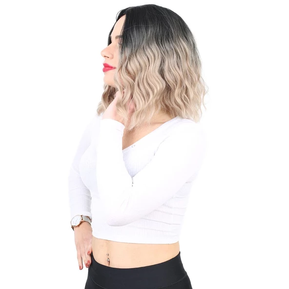 Fiber Sentetik Kısa Dalgalı Perçemsiz Peruk - Siyah / Küllü Bebek Sarı Ombreli - Resim 3