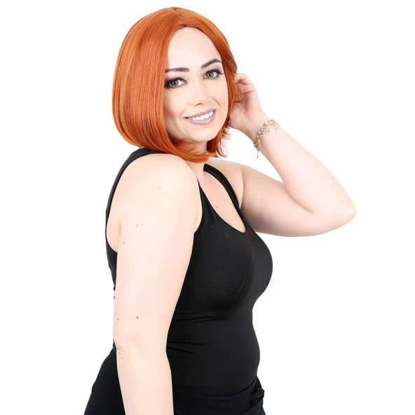 Kahkülsüz Düz Kısa Fiber Sentetik Peruk - Bakır - Resim 2