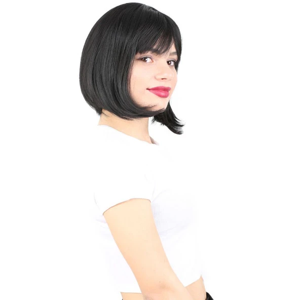 Küt Kahküllü Fiber Sentetik Peruk - Siyah - Resim 3