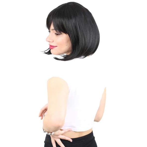 Küt Kahküllü Fiber Sentetik Peruk - Siyah ürün görseli