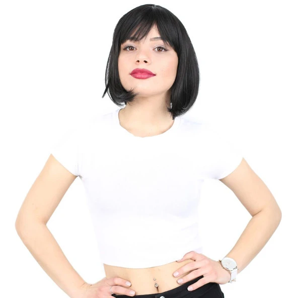 Küt Kahküllü Fiber Sentetik Peruk - Siyah - Resim 4