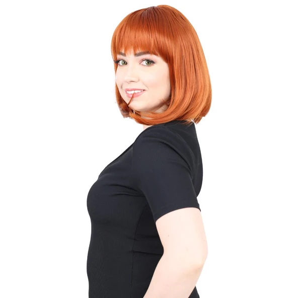 Küt Kahküllü Fiber Sentetik Peruk - Bakır - Resim 3