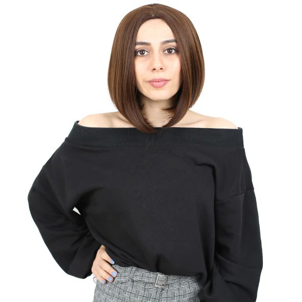 Kahkülsüz Düz Kısa Fiber Sentetik Peruk - Kahve Karamel ürün görseli